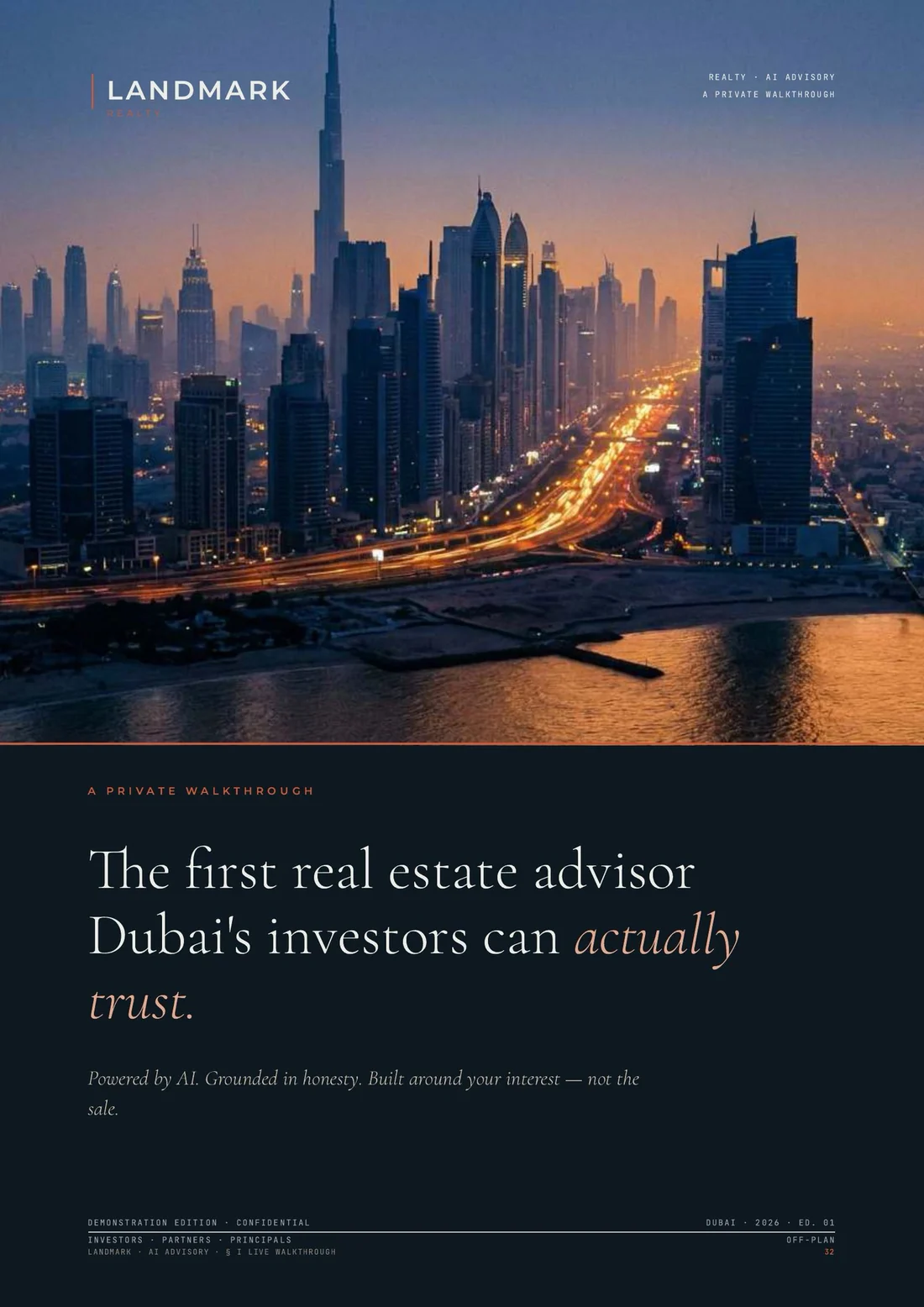 The cover of the Landmark brochure, A Private Walkthrough: a Dubai blue-hour skyline above the line 'The first real estate advisor Dubai's investors can actually trust.'