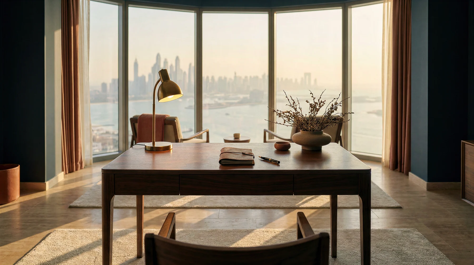 A study with a desk and a brass lamp before a floor-to-ceiling window over the Dubai coast at dusk.