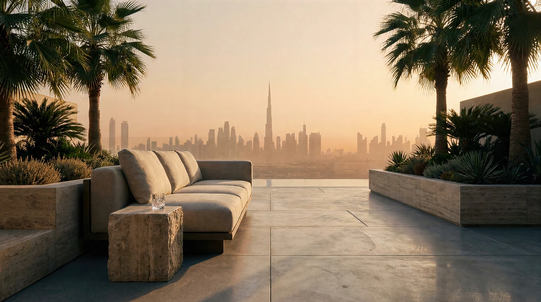 A terrace sofa beneath palms, looking across the Dubai skyline at sunset.
