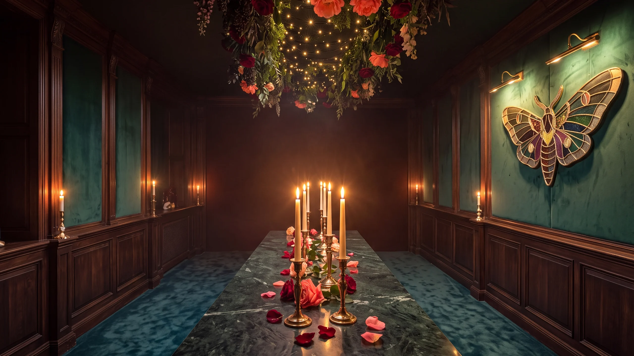 The Maison tasting hall: a long marble table lit by candles and strewn with petals, a stained-glass moth mounted on the wall.