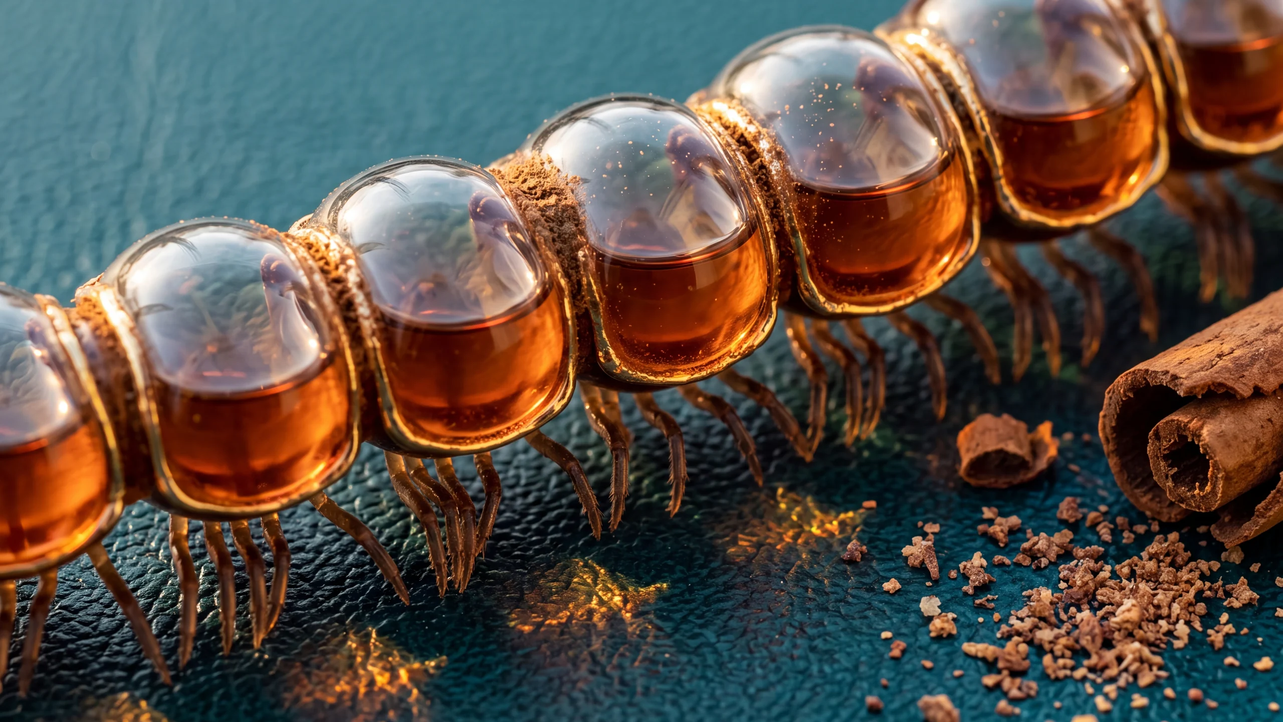A millipede with amber-glass segments crawling across teal leather beside cinnamon and spice.